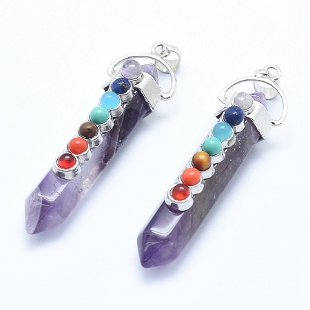 Honeyhandy Chakra Jewelry, Natural Amethyst Double Terminated Pointed Pendants, with Natural & Synthetic Mixed Stone Alloy Findings, Bullet, Platinum, 58~61x16.5~18x15.5~16mm, Hole: 4.5x7.5mm