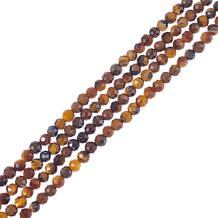 Nbeads 2 Strands Natural Tiger Eye Beads Strands, Faceted Round, 3mm, Hole: 0.8mm, about 126pcs/strand, 15''(38.1cm)