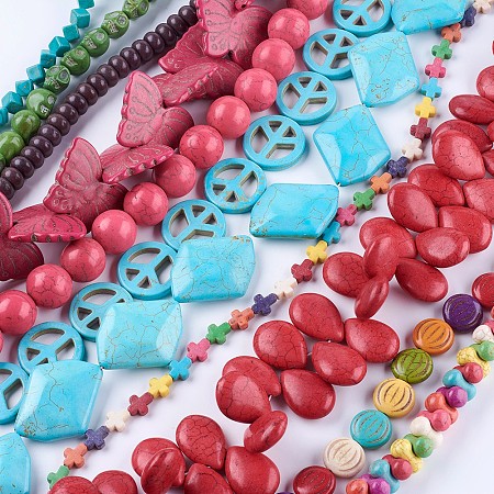 ARRICRAFT Synthetic Turquoise Beads Strands, Dyed, Mixed Shape, Mixed Color, 6~30x6~40x3~17.5mm, Hole: 1~2.5mm; about 10~70pcs/strand, 15 inches~16.1 inches(38~41cm)