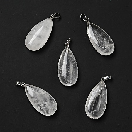 Honeyhandy Natural Quartz Crystal Pendants, with Platinum Tone Brass Findings, Teardrop, 33x15x7~7.5mm, Hole: 5x3.5mm