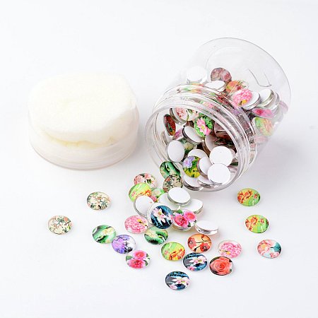 ARRICRAFT 1 Box(about 200pcs) 10mm Mixed Color Printed Half Round/Dome Glass Cabochons for Jewelry Making (Flower)
