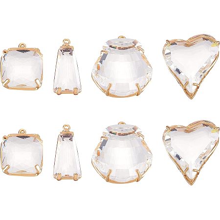 BENECREAT 8Pcs 4 Style Faceted Transparent Glass Pendants, Heart/Rectangle/Trapezoid/Shell Shape Charms with Light Gold Brass Frame for Necklace Earrings Jewelry Making