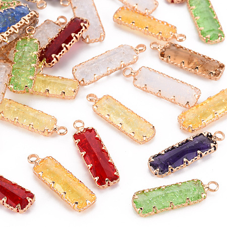 ARRICRAFT Crackle Glass Pendants, with Golden Tone Brass Findings, Faceted, Rectangle, Mixed Color, 26.5x8x4mm, Hole: 2mm