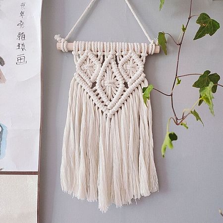 Honeyhandy Cotton Cord Macrame Woven Wall Hanging, with Plastic Non-Trace Wall Hooks, for Nursery and Home Decoration, Floral White, 535x200x19mm