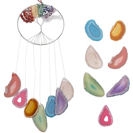 Arricraft Colorful Chakra Healing Stones Tree of Life Hanging Ornament Natural Agate Wall Hanging Decoration with Platinum Wire Wrapped Flat Round Linking Ring for Home Decoration About 22.4x6inch