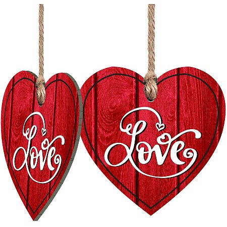 CRASPIRE Valentines Day Wooden Sign Love 2pcs Wooden Hanging Heart Plaque with Jute Twine for Friends Christmas Ornaments Tags Crafts Birthday Gifts for Wall Door Decor
