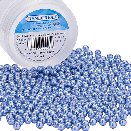 BENECREAT 400 Piece 6 mm Environmental Dyed Pearlize Glass Pearl Round Bead for Jewelry Making with Bead Container, Cornflower Blue