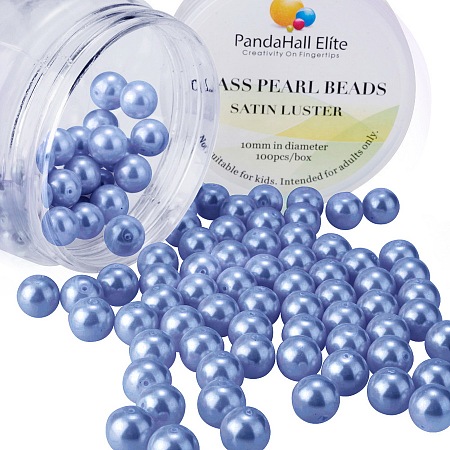 PandaHall Elite 10mm Cornflower Blue Glass Pearl Tiny Satin Luster Round Loose Pearl Beads for Jewelry Making, about 100pcs/box