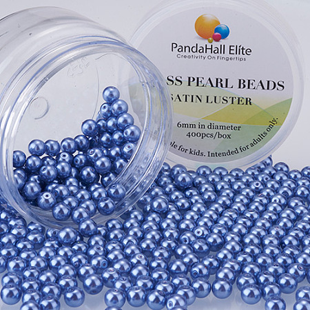 PandaHall Elite 6mm About 400Pcs Tiny Satin Luster Glass Pearl Round Beads Assortment Lot for Jewelry Making Round Box Kit Cornflower Cornflower Blue
