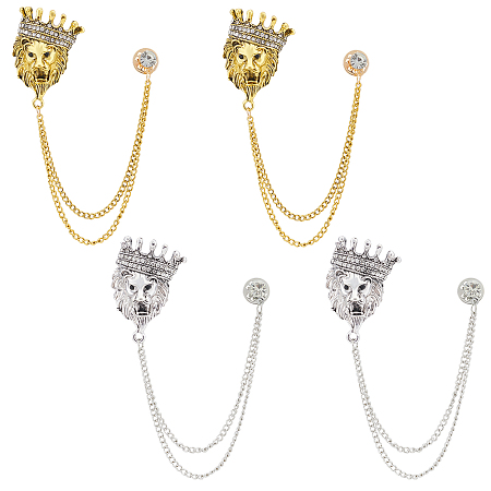AHANDMAKER 4Pcs 2 Colors Lion with Crown Rhinestone Safety Pin Brooch, Hanging Long Chain Alloy Lapel Pin for Suit Shirt Collar, Antique Silver & Antique Golden, 175mm, 2pcs/color