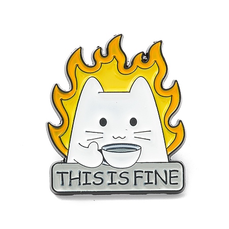 Honeyhandy Word This is Fine Alloy Brooch, Cat with Fire Lapel Pin for Backpack Clothes, Electrophoresis Black, Yellow, 28.5x24.5x1.5mm, Pin: 1mm