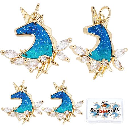 Beebeecraft 6Pcs/Box Unicorn Charms 18K Gold Plated Enamel Unicorn Horse with Cubic Zirconia and Jump Ring for Jewelry Making Necklace Bracelet