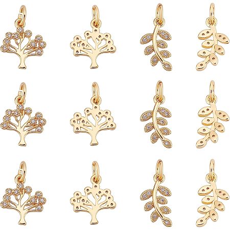 SUPERFINDINGS 12Pcs 2 Styles Cubic Zirconia Brass Leaf Charms Monstera Leaf Charms Rhinestone Tree Charms for Jewelry Making Tiny Dangle,Hole:3mm