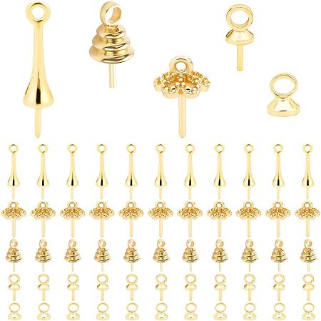 PandaHall Elite 14K Gold Plated Screw Eye Pins 100pcs Cup Pearl Pendants 5 Style Bead Caps Pearl Cup Pendant Connector Golden Pearl Pins for Charms Beads Earring Necklace Bracelet Jewelry Making