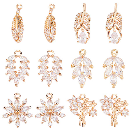 SUNNYCLUE 1 Box 12Pcs Cubic Zirconia Charms Feather Charm Micro Pave Rhinestone Shiny Leaf Flowers Long Lasting Plated Brass Leaves Charms for Jewelry Making Charm Spring Season Wedding Earrings DIY