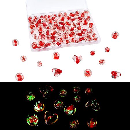 arricraft 80 Pcs Luminous Lampwork Beads, 4 Sizes Handmade Fluorescent Beads Red Round Heart Shap Spacer Beads for Jewellery Making