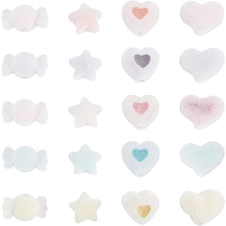 NBEADS 40 Pcs Flocky Acrylic Beads, 5 Colors Heart Star Candy Shaped Beads Soft Acrylic Beads Flocky Pom Ball Loose Spacer Beads for Hair Ornament Decoration Craft Jewelry Making