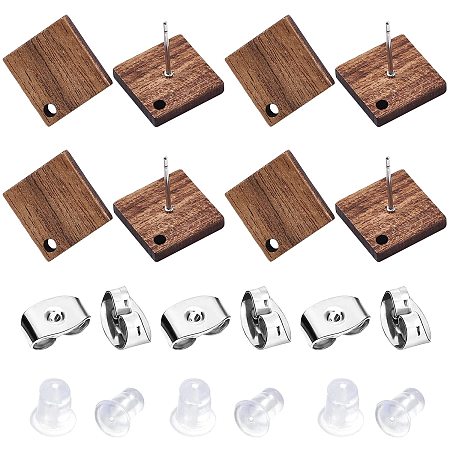 BENECREAT 14 Pairs Wood Post Stud Earrings Mixed Color Rhombus Walnut Earring(17x17mm) with 30pcs 304 Stainless Steel Ear Nuts and 50pcs Silicone Ear Nuts