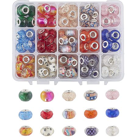 NBEADS 116 Pcs Resin European Beads, 15 Kinds of Large Hole Beads Crackle Rondelle European Spacer Beads for Jewelry Making