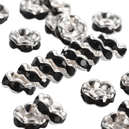 NBEADS 100pcs Grade A Brass Rhinestone Spacer Beads, Rondelle, Silver Metal color