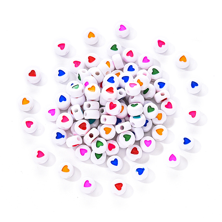 Honeyhandy White Opaque Acrylic Beads, Flat Round with Mixed Color Heart Pattern, 7x7x3.5mm, Hole: 1.8mm, about 100pcs/bag