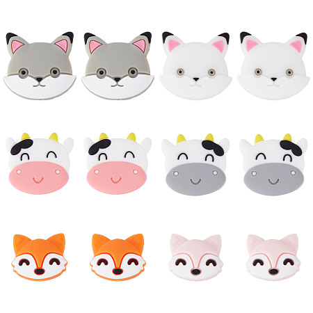 SUNNYCLUE 1 Box 12Pcs 3 Style Silicone Animal Beads Silicone Beads Bulk Fox Cat Cow Loose Spacer Double Sided Animals Beads for Jewelry Making Bracelet Keychain Lanyards Necklace DIY Pen Decoration