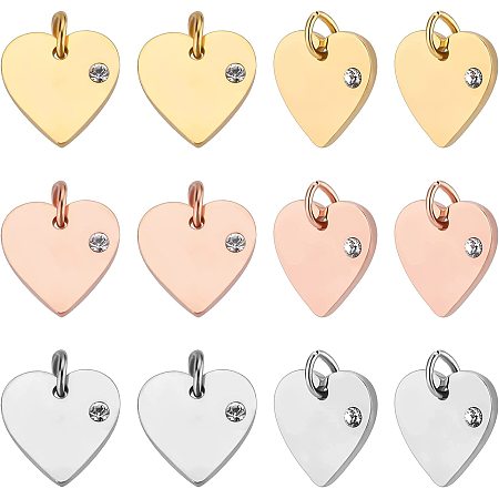 DICOSMETIC 12pcs 3 Colors 12mm Stainless Steel Blank Heart Charms Real 18K Gold Plated Heart with Cubic Zirconia Stones Pendants Valentine's Gift for Bracelet Necklace Jewelry Making,Hole:3mm