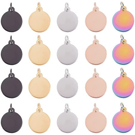 UNICRAFTALE About 30pcs 5 Colors Flat Round Hypoallergenic Charms with Loop 6mm Stainless Steel Pendants Vacuum Plating Blank Tag Charms for DIY Jewelry Making, 3.5mm Hole