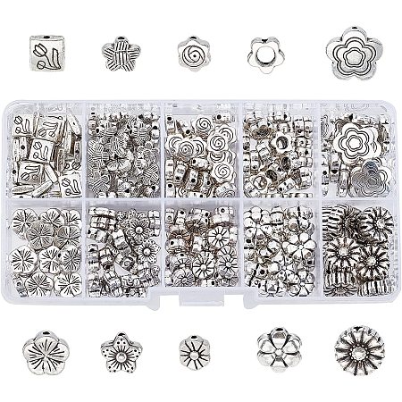 CHGCRAFT 240Pcs 10 Styles Flower Tibetan Silver Alloy Beads Daisy Spacer Beads Rectangle with Flower Spacers for Bracelet Necklace Earring Jewelry Making