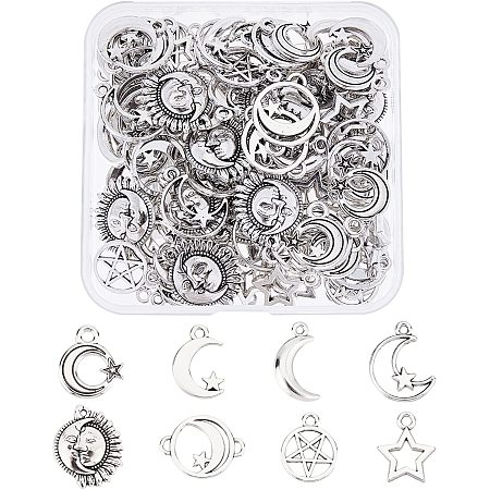 SUPERFINDINGS 96Pcs 8 Styles Tibetan Style Alloy Pendants Star Moon Jewelry Charms Hollow Star Pendant Moon Dangle Pendants for DIY Necklace Bracelet Jewelry Making