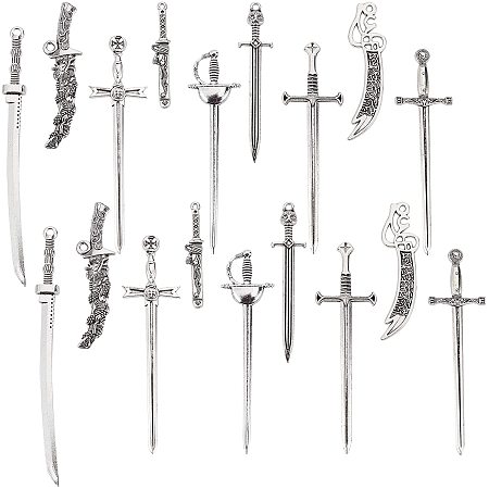 SUPERFINDINGS 36pcs 9 Style Sword Series Big Pendants Tibetan Style Alloy Swords Knife Charms Antique Silver Assorted Rapier Swords Pendants Assorted Rapier Swords Pendants for Jewelry Making