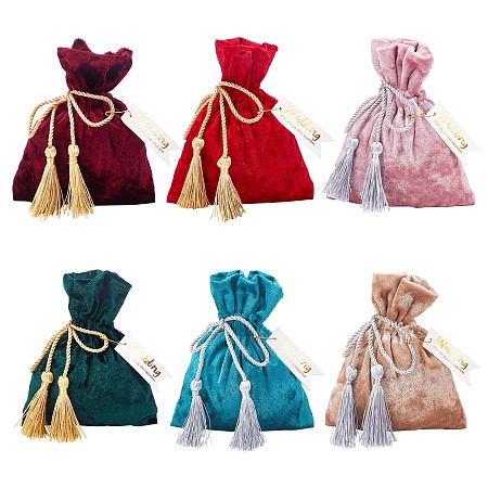 PandaHall Elite 5 sets 5 colors Velvet Jewelry Drawstring Gift Bags, with Polyester Tassels and Paper Card, Iron Safety Pins, Wedding Favor Candy Bags, Mixed Color, 14~14.5x10.1~11x0.35cm, 1set/color