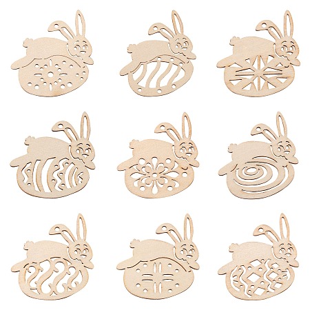 Honeyhandy 90Pcs 9 Style Undyed Natural Wooden Big Pendants, for Easter, Laser Cut, Rabbit & Easter Egg, Antique White, 62x60x2mm, Hole: 3mm, 10pcs/style