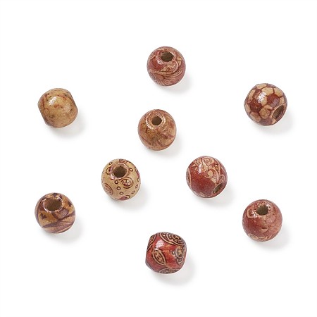 ARRICRAFT Printed Natural Wood Beads, Round, Mixed Color, 13x12mm, Hole: 3~4mm, 300pcs/bag