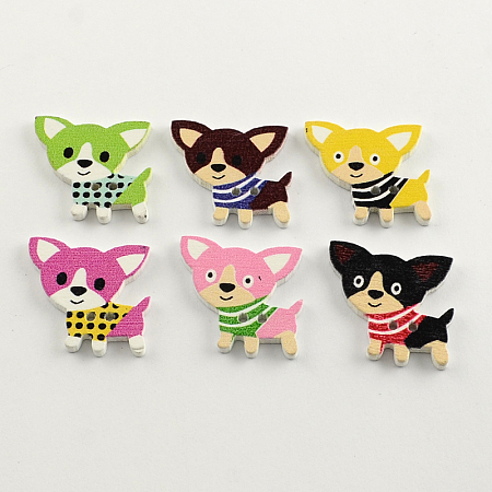 Honeyhandy 2-Hole Puppy Printed Wooden Buttons, Chihuahua Dog, Mixed Color, 25x26x2mm, Hole: 2mm