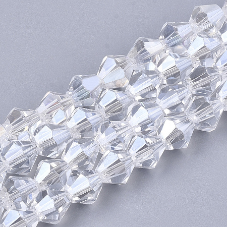 Honeyhandy Electroplate Glass Beads Strands, Pearl Luster Plated, Faceted, Bicone, Clear, 6x5.5~6mm, Hole: 1mm, about 44~47pcs/strand, 11.02 inch