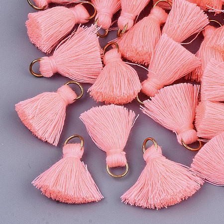 Honeyhandy Polycotton(Polyester Cotton) Tassel Pendant Decorations, with Iron Findings, Light Gold, Light Coral, 20~30x7~8mm, Hole: 5mm