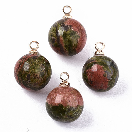 Honeyhandy Natural Unakite Charms, with Golden Plated Brass Loops,, Round, 14x10.5mm, Hole: 1.5mm