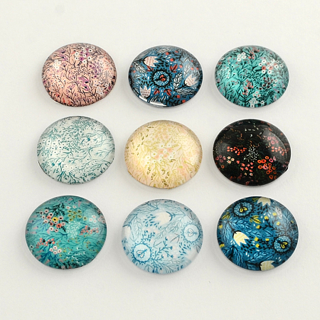 Honeyhandy Flatback Half Round/Dome Flower and Plants Pattern Glass Cabochons, for DIY Projects, Mixed Color, 12x4mm
