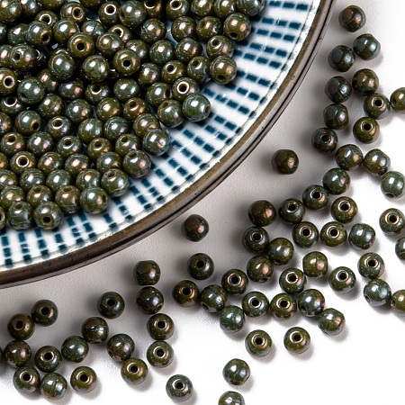 NBEADS Czech Glass Beads, Round, OliveDrab, 3mm, Hole: 0.8mm; about 258pcs/10g