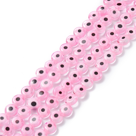 Handmade Evil Eye Lampwork Flat Round Bead Strands, Pink, 6x3mm, Hole: 1mm, about 65pcs/strand, 14 inch