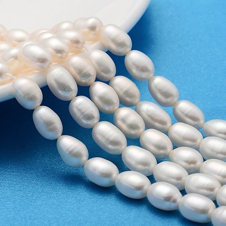 Honeyhandy Grade AA Natural Cultured Freshwater Pearl Beads Strands, Rice, Creamy White, 7~8mm, Hole: 0.8mm, about 45pcs/strand, 13.77 inch~14.17 inch