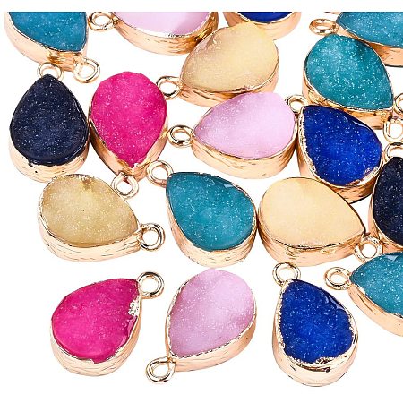 Pandahall Elite 5pcs Teardrop Electroplate Druzy Resin Pendants Mixed Color Agate Pendents Charms Flat Round Links Charms for DIY Necklace Bracelet Earring Jewelry Making