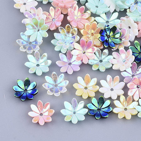 ARRICRAFT Opaque Resin Bead Caps, AB Color Plated, Multi-Petal, Flower, Mixed Color, 9.5x9.5x2.5mm, Hole: 1mm