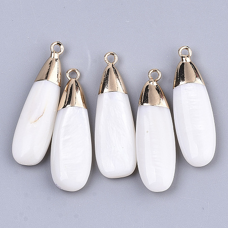 Honeyhandy Natural Freshwater Shell Pendants, with Golden Plated Brass Findings, Teardrop, White, 32~33.5x9~10.5x4~5mm, Hole: 1.6mm