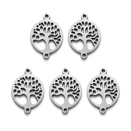 Honeyhandy 201 Stainless Steel Links Connector, Laser Cut, Flat Round with Tree of Life, Stainless Steel Color, 19.5x13.5x1mm, Hole: 1mm