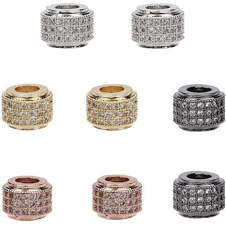 NBEADS 8 Pcs Brass Micro Pave Cubic Zirconia European Beads, 4 Assorted Colors Column Large Hole Spacer Beads Loose Connector Charm Beads with 4mm Hole for DIY Jewelry Making