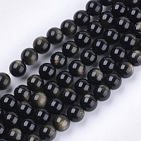 Honeyhandy Natural Golden Sheen Obsidian Beads Strands, Grade A, Round, 8mm, Hole: 1mm, about 23~25pcs/strand, 7.6 inch