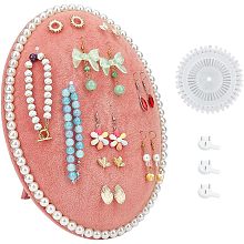 FINGERINSPIRE Velvet Jewelry Holder Stand 10.2x7.5x2.36inch Oval Earring Desktop Display Stands Salmon Pink Velvet Earring Holder with Pearls Hooks for Earring Necklace Bracelet Chain Jewelry Display