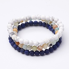 Honeyhandy Mixed Gemstone Beaded Stretch Bracelet Sets, Stackable Bracelets, Natural Amazonite, Natural Lapis Lazuli(Dyed & Heated) and Howlite, Frosted, 2-1/4 inch(54mm)